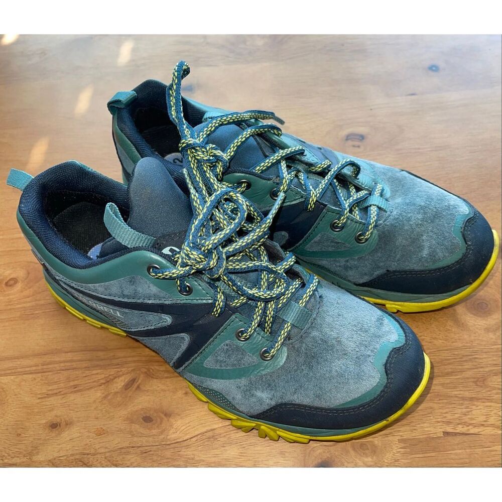merrell hiking shoes womens 6.5 green vibram soles select dry‎ unifly